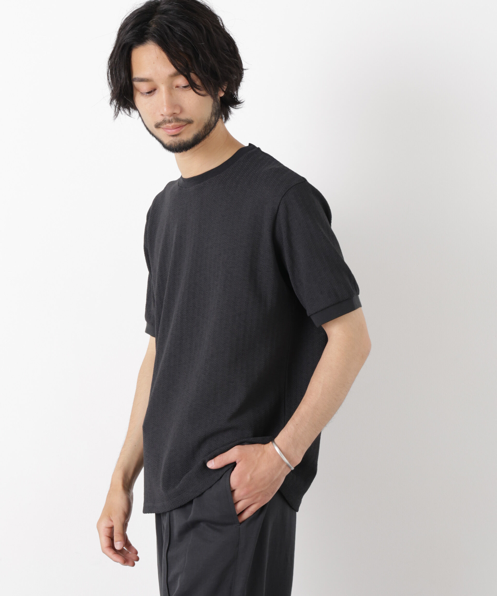 NANO universe「「モダンコンフォート」ヘリンボン クルーネックTシャツ 半袖」|Tシャツ・カットソー|