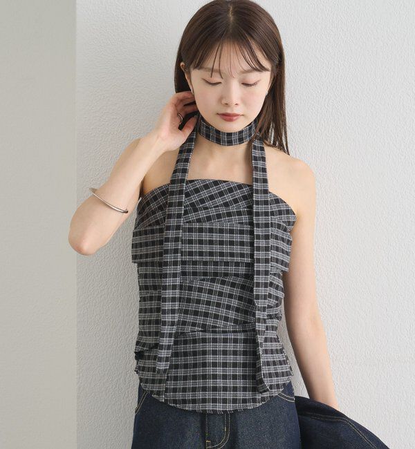  「【BLK/WEB限定】チョーカー付き起毛チェックベアビスチェ」|シャツ・ブラウス|