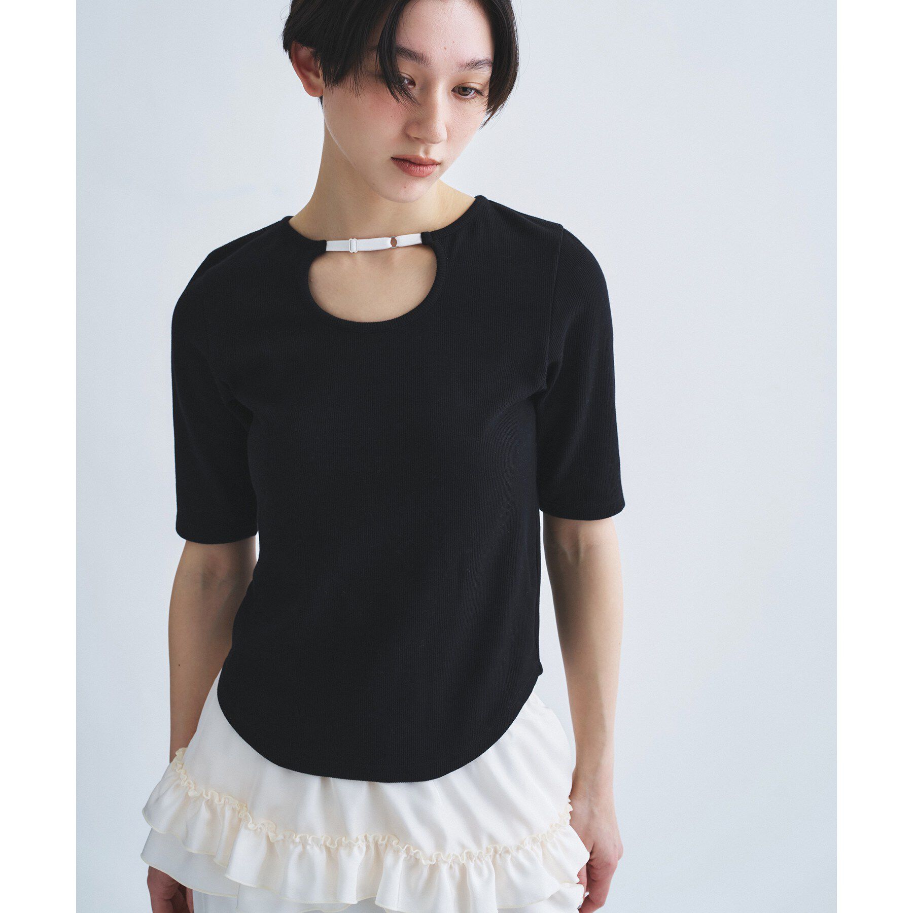 CODE A「rib jersey point neck tee」|Tシャツ・カットソー|ブラック(019)