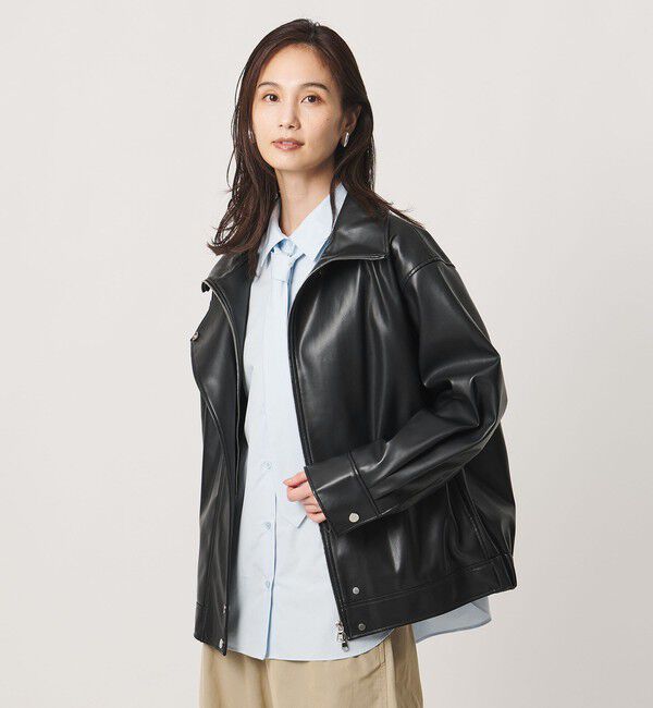 UNITED ARROWS「スタンドカラー レザーライク ブルゾン」|ブルゾン・スタジャン|BLACK