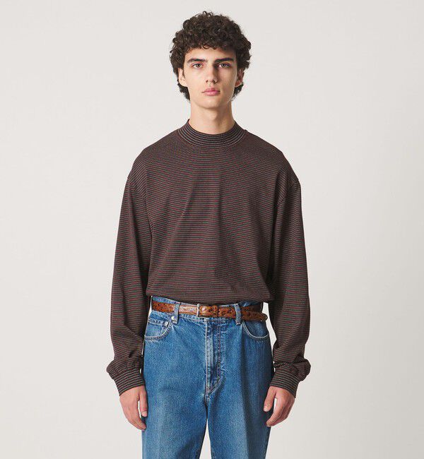 UNITED ARROWS「【別注】＜YONETOMI＞ガーメントダイ モックネック ボーダー Tシャツ」|Tシャツ・カットソー|DK.BROWN