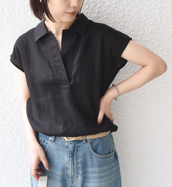 SHIPS Colors 「SHIPS Colors:〈洗濯機可能〉ユーロリネン (EURO Linen) フレンチスリーブ スキッパーブラウス◇」|シャツ・ブラウス|ブラック