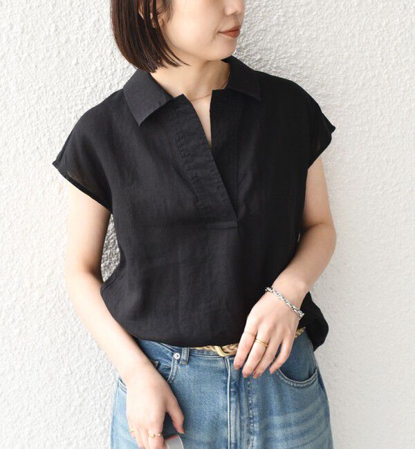 SHIPS Colors 「SHIPS Colors:〈洗濯機可能〉ユーロリネン (EURO Linen) フレンチスリーブ スキッパーブラウス◇」|シャツ・ブラウス|
