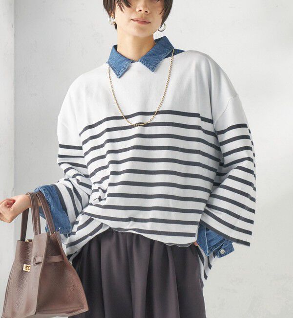 SHIPS for women「【SHIPS別注】Le minor: パネル ボーダー チュニック」|Tシャツ・カットソー|ブラック