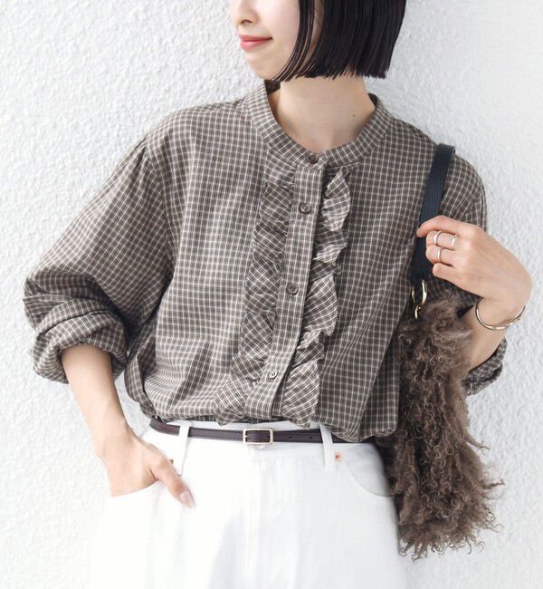 SHIPS for women「【WEB限定】〈手洗い可能〉チェック フリル ロングスリーブ シャツ（ベージュ）」|シャツ・ブラウス|