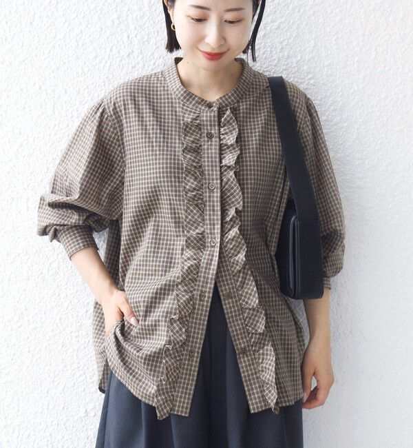SHIPS for women「【WEB限定】〈手洗い可能〉チェック フリル ロングスリーブ シャツ（ベージュ）」|シャツ・ブラウス|