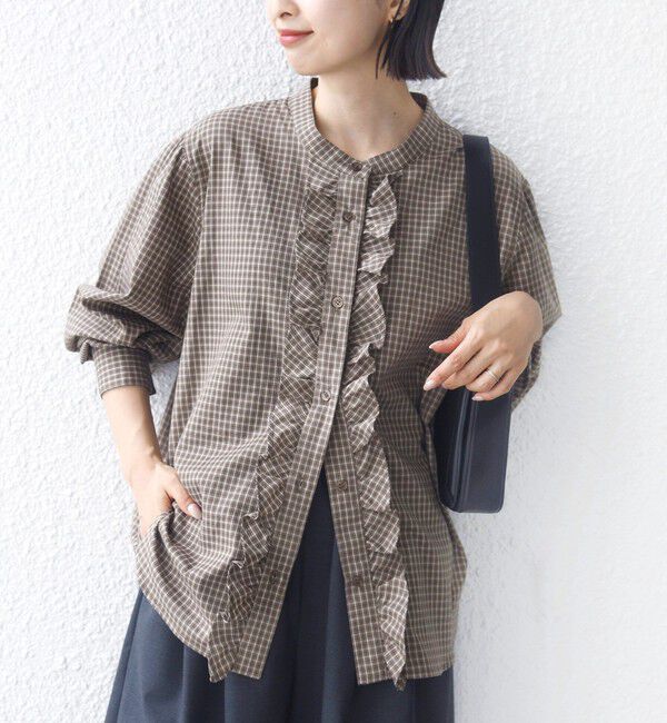 SHIPS for women「【WEB限定】〈手洗い可能〉チェック フリル ロングスリーブ シャツ（ベージュ）」|シャツ・ブラウス|