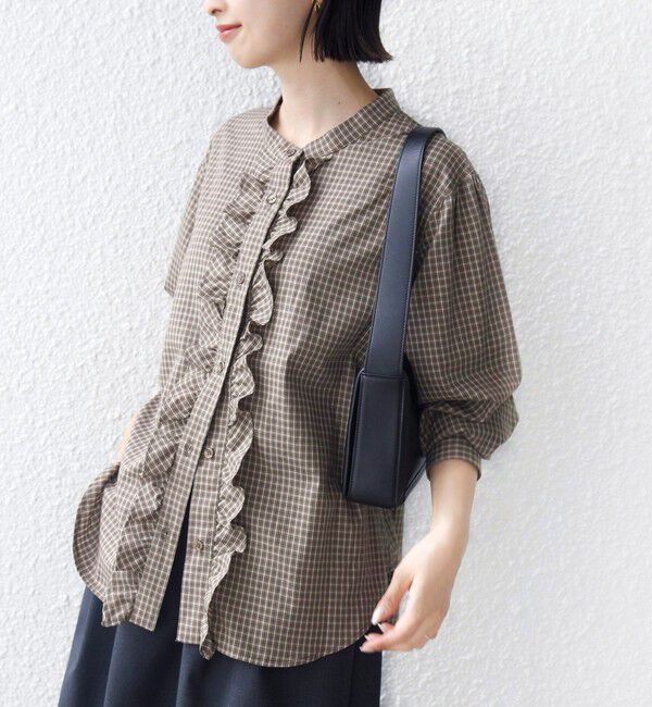 SHIPS for women「【WEB限定】〈手洗い可能〉チェック フリル ロングスリーブ シャツ（ベージュ）」|シャツ・ブラウス|