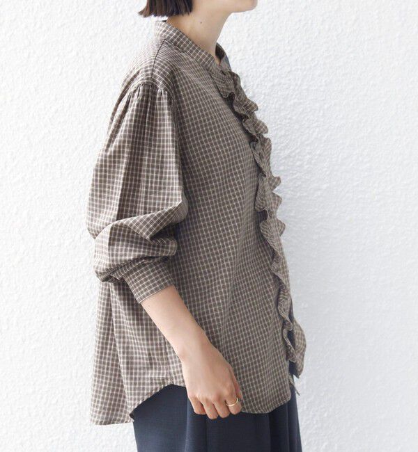 SHIPS for women「【WEB限定】〈手洗い可能〉チェック フリル ロングスリーブ シャツ（ベージュ）」|シャツ・ブラウス|
