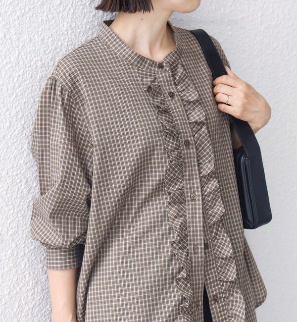 SHIPS for women「【WEB限定】〈手洗い可能〉チェック フリル ロングスリーブ シャツ（ベージュ）」|シャツ・ブラウス|