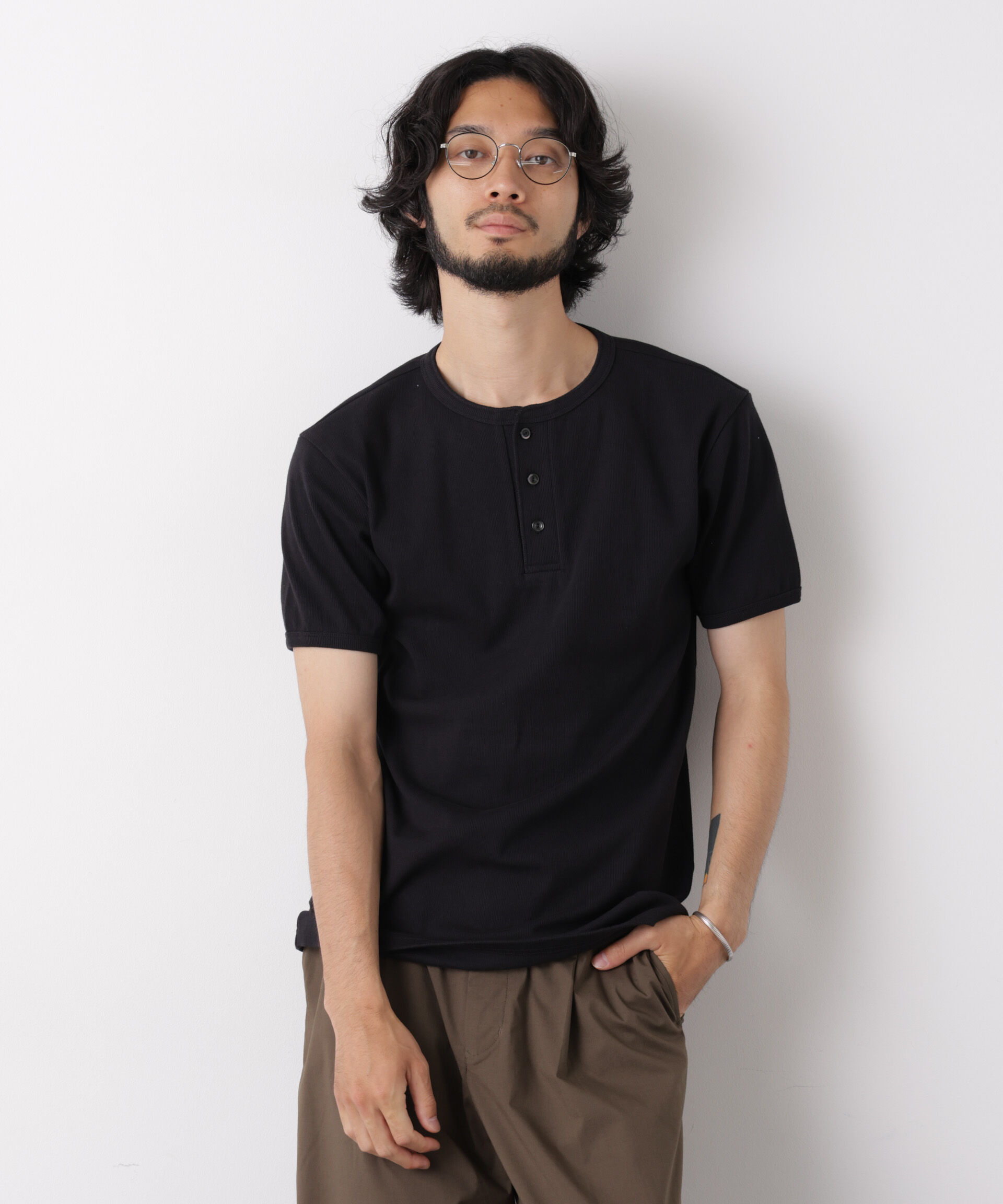 nano･universe「リブフライスヘンリーTシャツ 半袖」|Tシャツ・カットソー|ブラック