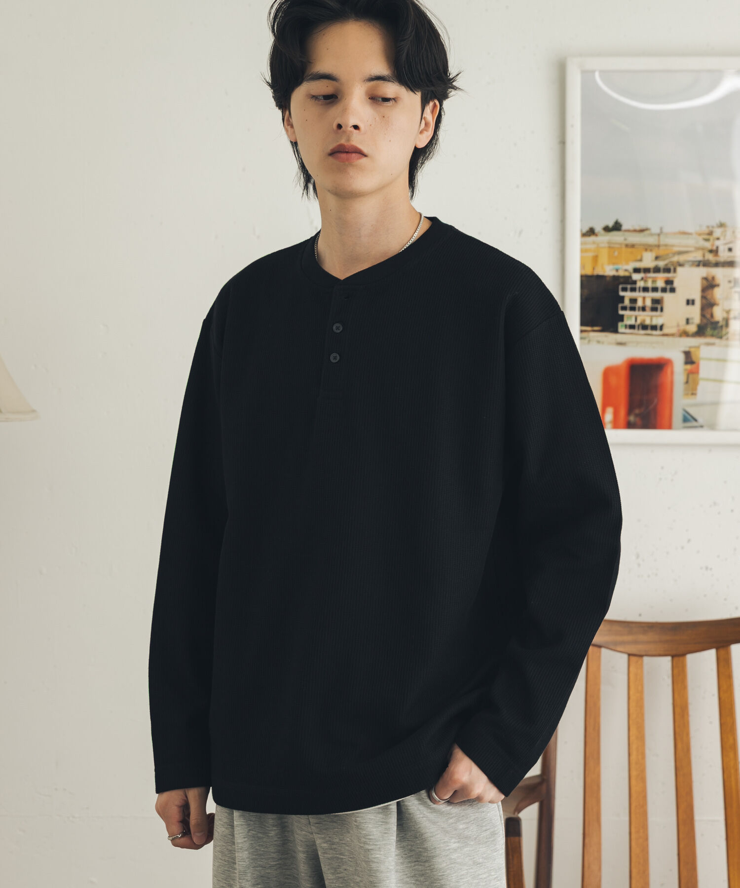 SENSE OF PLACE by URBAN RESEARCH「ワッフルヘンリーネックロングTシャツ」|Tシャツ・カットソー|ブラック