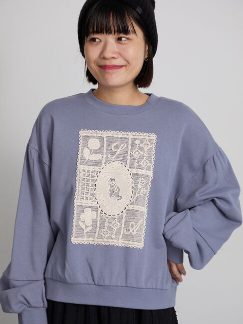 Samansa Mos2「裏毛CAT柄パーツレース付スウェット」|Tシャツ・カットソー|