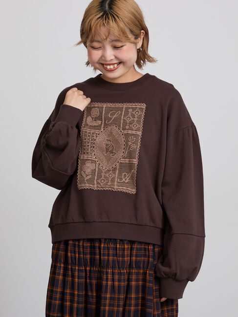 Samansa Mos2「裏毛CAT柄パーツレース付スウェット」|Tシャツ・カットソー|ブラウン