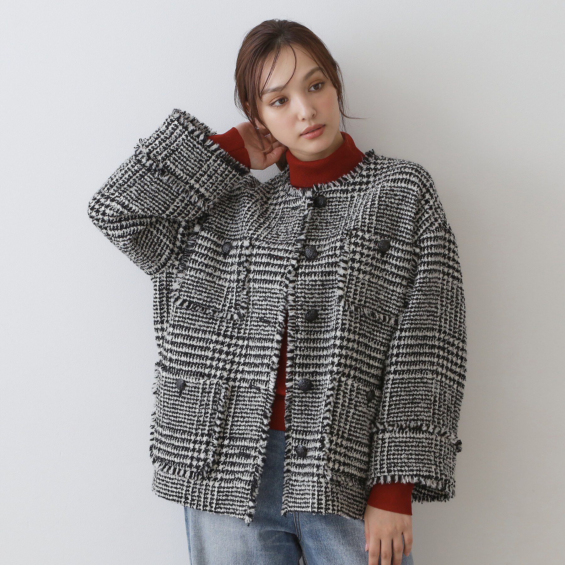 DRESSTERIOR「グレンチェックツイードショートコート」|ノーカラージャケット|