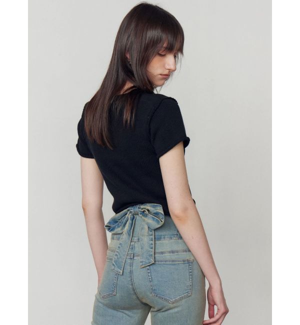 EMODA「リボンモチーフハイウエストフレアパギンス」|デニム|