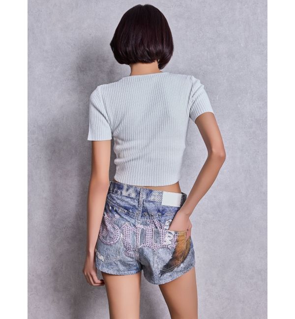 GYDA「ジャストウエストGYDA bijou sublimation printingデニムショートパンツ」|デニム|
