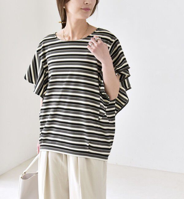 quaranciel「quaranciel:〈洗濯機可能〉マルチボーダー ラッフル コクーン プルオーバー」|Tシャツ・カットソー|ブラック
