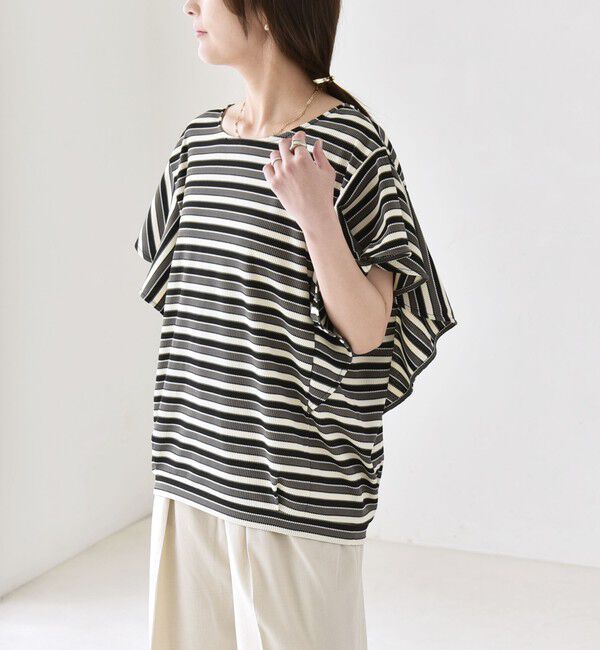 quaranciel「quaranciel:〈洗濯機可能〉マルチボーダー ラッフル コクーン プルオーバー」|Tシャツ・カットソー|