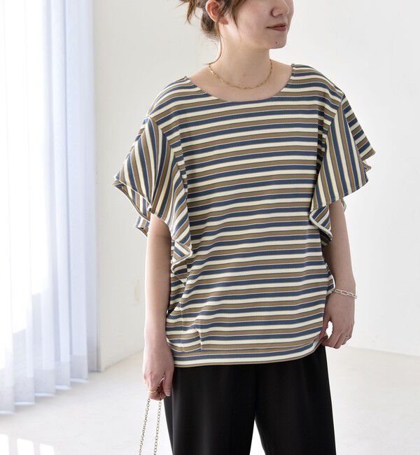 quaranciel「quaranciel:〈洗濯機可能〉マルチボーダー ラッフル コクーン プルオーバー」|Tシャツ・カットソー|