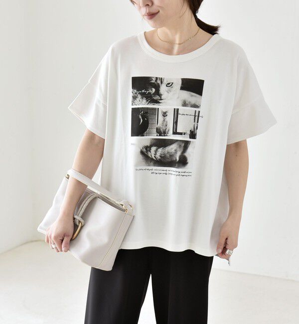 quaranciel「〈接触冷感/汗染み防止加工/洗濯機可能〉CAT プリント TEE」|Tシャツ・カットソー|