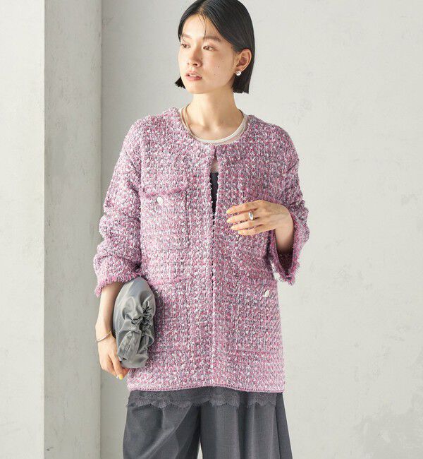 SHIPS for women「〈手洗い可能〉ミディ丈 ミックス ニット ジャケット」|ノーカラージャケット|
