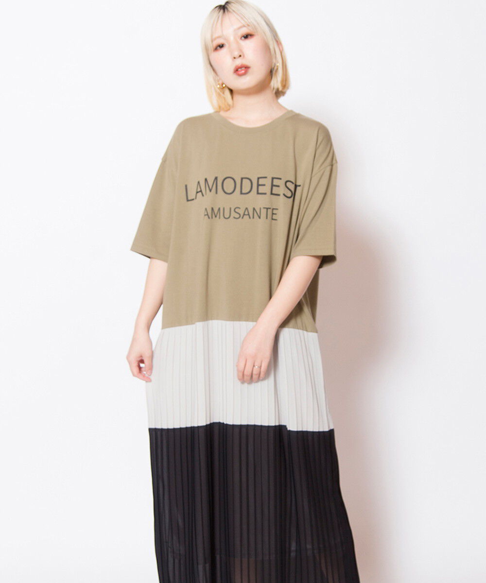 「ロゴプリントプリーツ切替ワンピース」|ワンピース|KHAKI