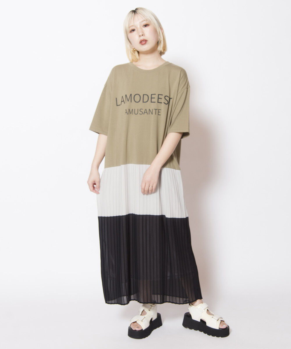  「ロゴプリントプリーツ切替ワンピース」|ワンピース|