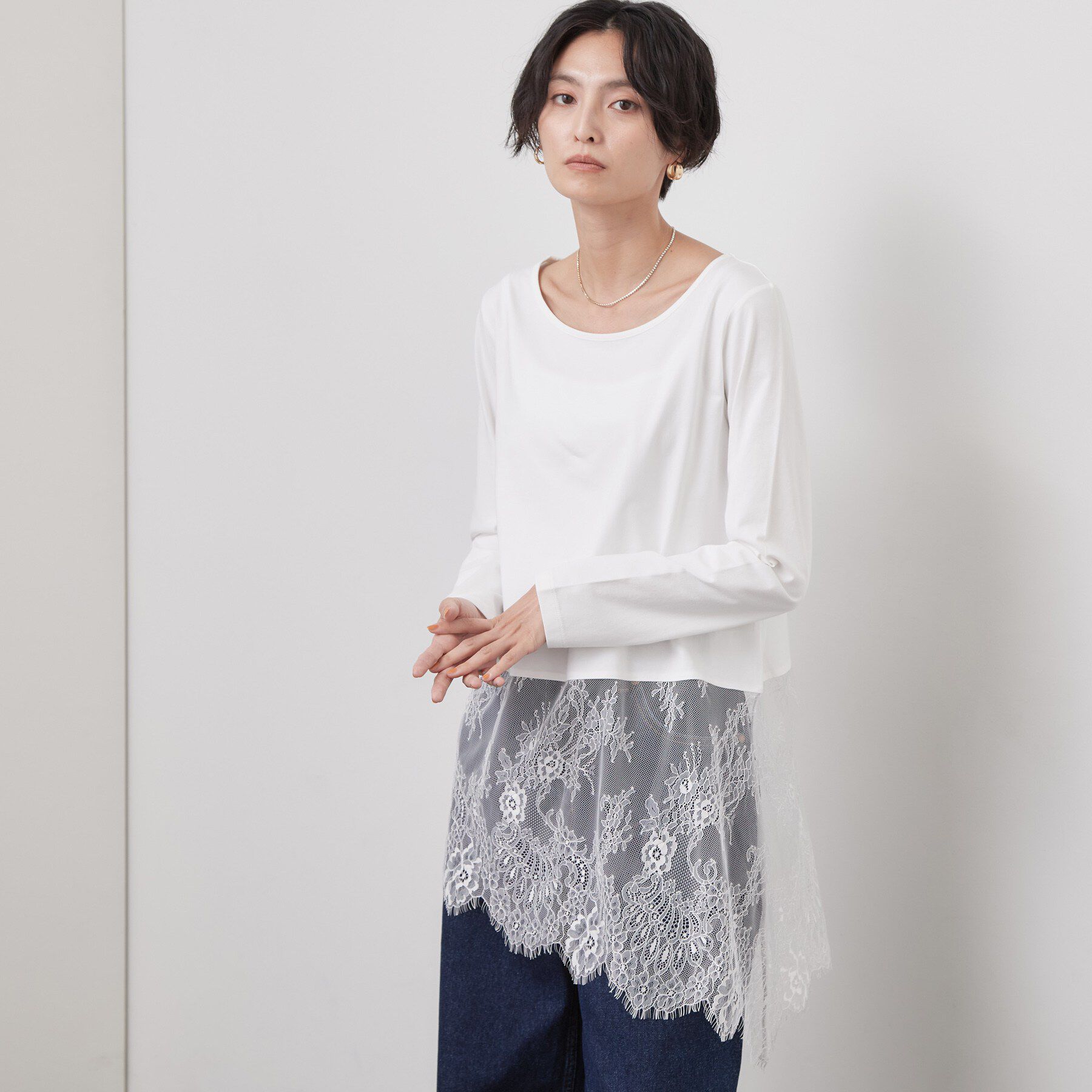 OPAQUE.CLIP「裾アシメレースドッキングカットソー【洗濯機OK】」|Tシャツ・カットソー|