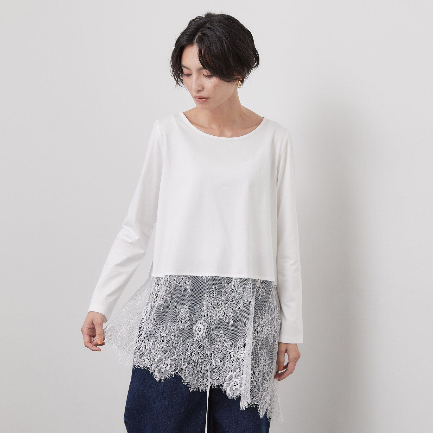 OPAQUE.CLIP「裾アシメレースドッキングカットソー【洗濯機OK】」|Tシャツ・カットソー|