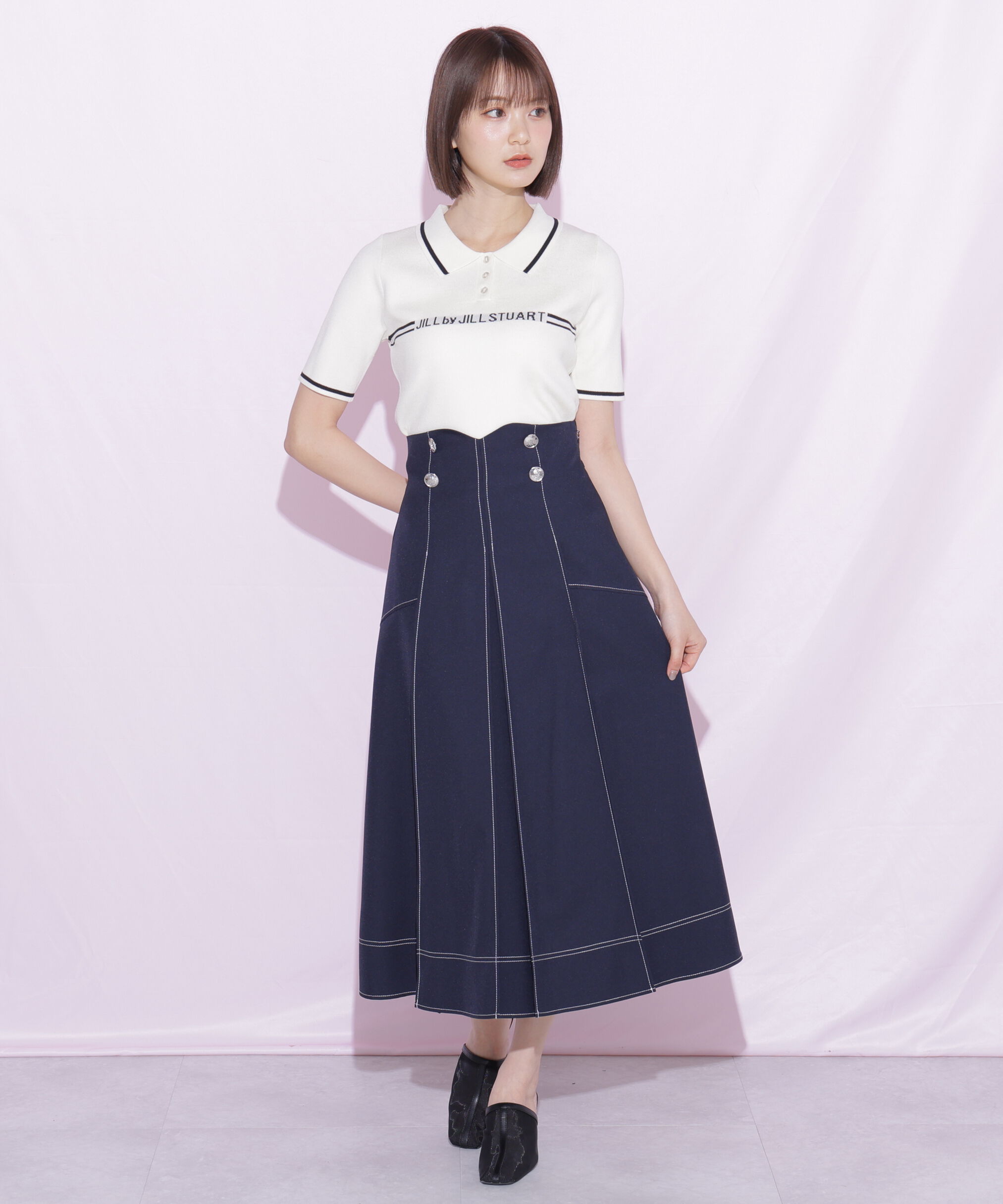  「バイカラーステッチスカート」|スカート|ネイビー