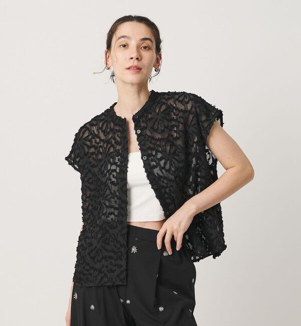 BEAUTY&YOUTH UNITED ARROWS「【WEB限定】シアージャガード バンドカラーフレンチスリーブブラウス ウォッシャブル」|シャツ・ブラウス|BLACK