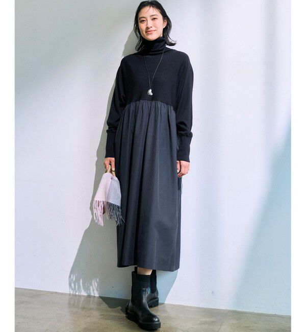 23区「【洗える】ギャザーコンビ ニットワンピース」|ワンピース|