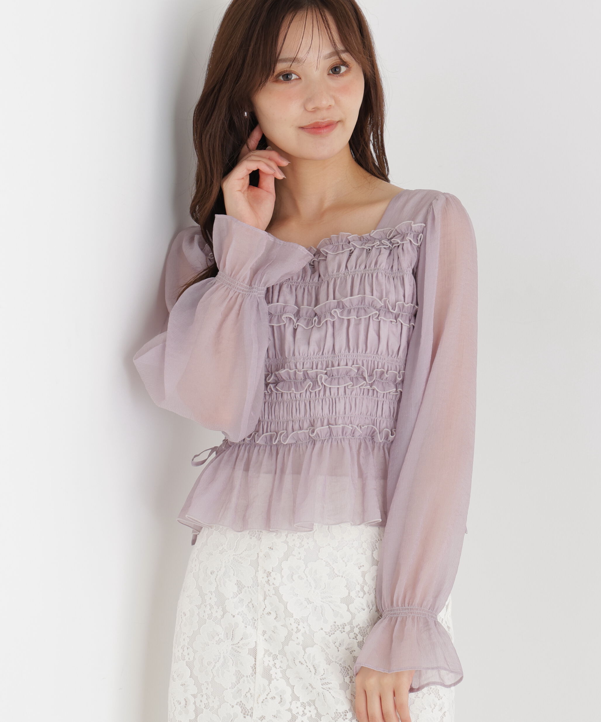 PROPORTION BODY DRESSING「＜a/mie＞シャーリングフリルキャンディースリーブブラウス」|シャツ・ブラウス|ピンク