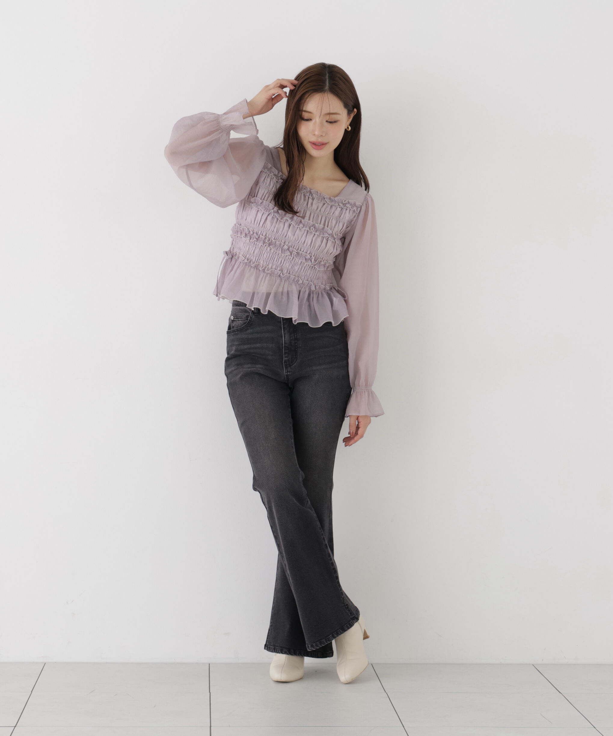 PROPORTION BODY DRESSING「＜a/mie＞シャーリングフリルキャンディースリーブブラウス」|シャツ・ブラウス|