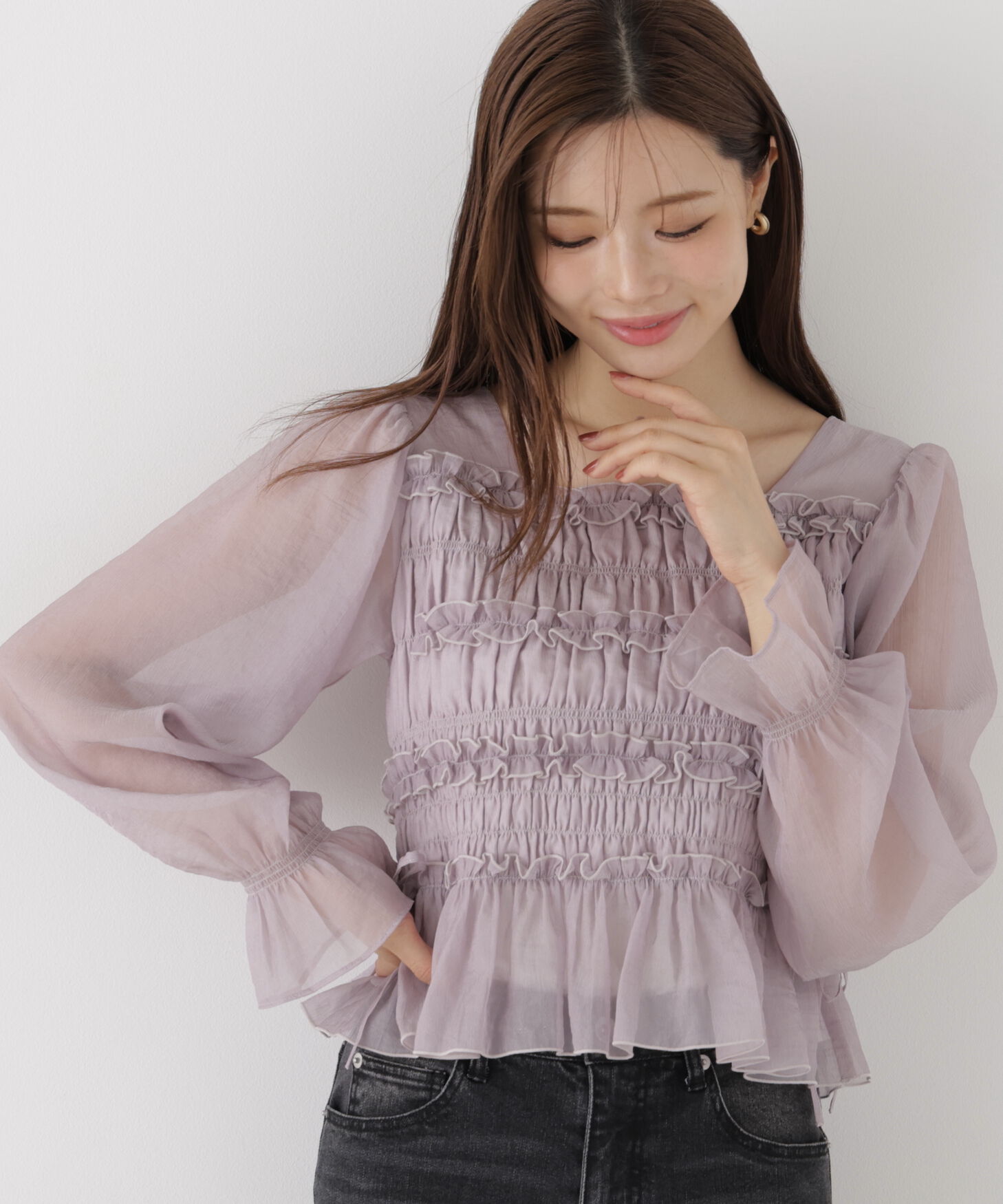 PROPORTION BODY DRESSING「＜a/mie＞シャーリングフリルキャンディースリーブブラウス」|シャツ・ブラウス|