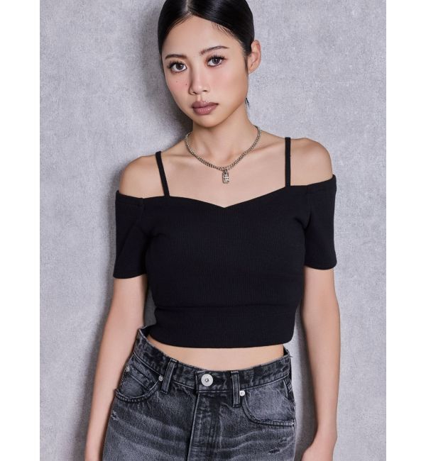 GYDA「ハーフスリーブカシュクールオフショルショートトップス」|Tシャツ・カットソー|ブラック