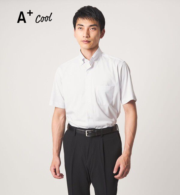 UNITED ARROWS green label relaxing「A+ COOL Pトリコット ナローストライプ スタンダード ボタンダウン 半袖 ドレスシャツ -ストレッチ・イージ」|シャツ・ブラウス|LT.GRAY