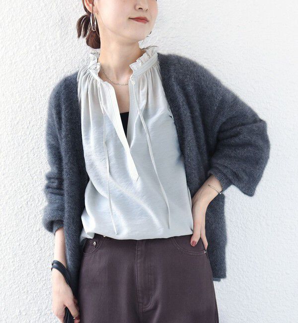 SHIPS for women「《一部追加予約》〈手洗い可能〉シアー タンブラー リボン デザイン 長袖 ブラウス」|シャツ・ブラウス|ライトグリーン