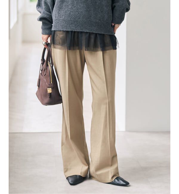 Spick and Span「《セットアップ可》サキソニータックイージーストレートパンツ」|スラックス|ベージュ
