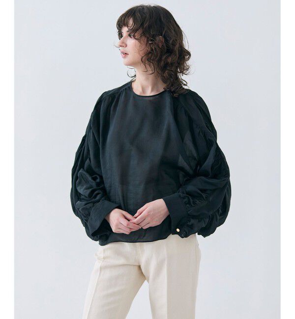 BEIGE,「【洗える】PAULINE / タックギャザーリネンボリュームブラウス」|シャツ・ブラウス|Black