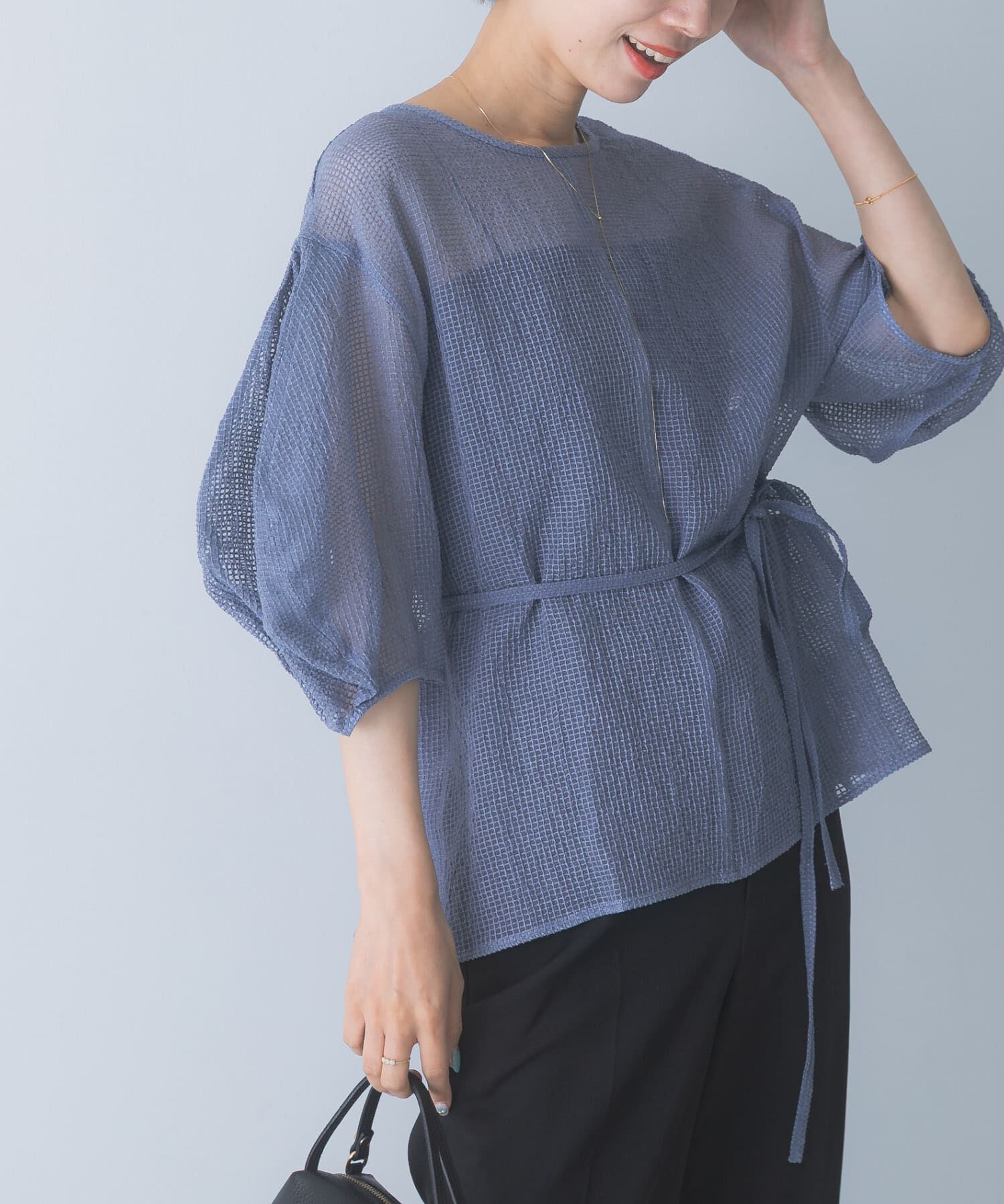 URBAN RESEARCH ROSSO「CHIGNON　シアーチェックボリュームスリーブプルオーバー」|シャツ・ブラウス|ブルー