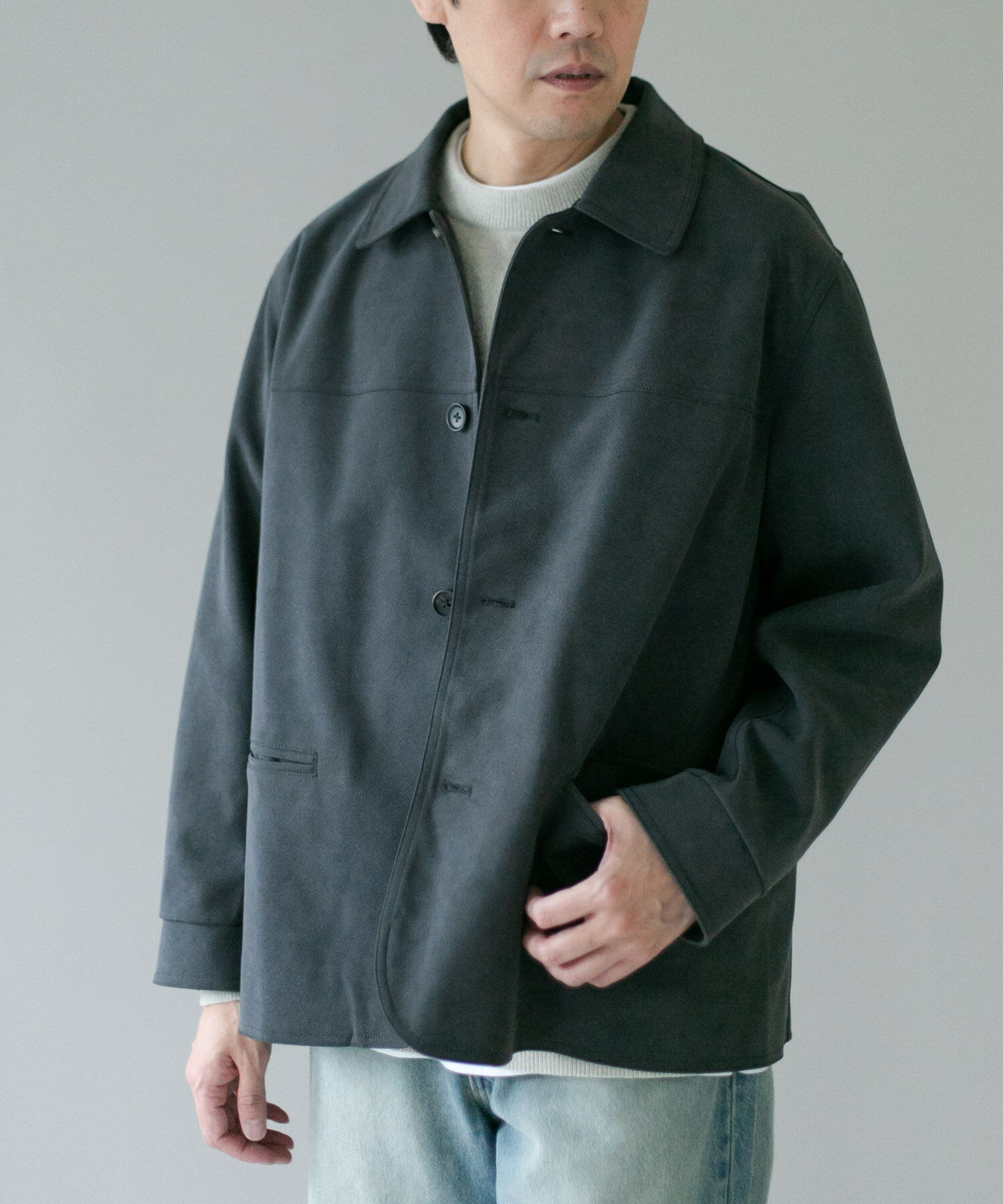 URBAN RESEARCH DOORS「フェイクスエード カーコートジャケット」|ノーカラーコート|