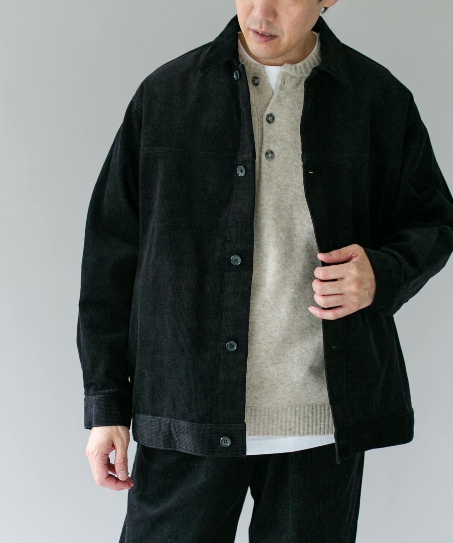 URBAN RESEARCH DOORS「コーデュロイ トラッカージャケット」|ノーカラーコート|ブラック