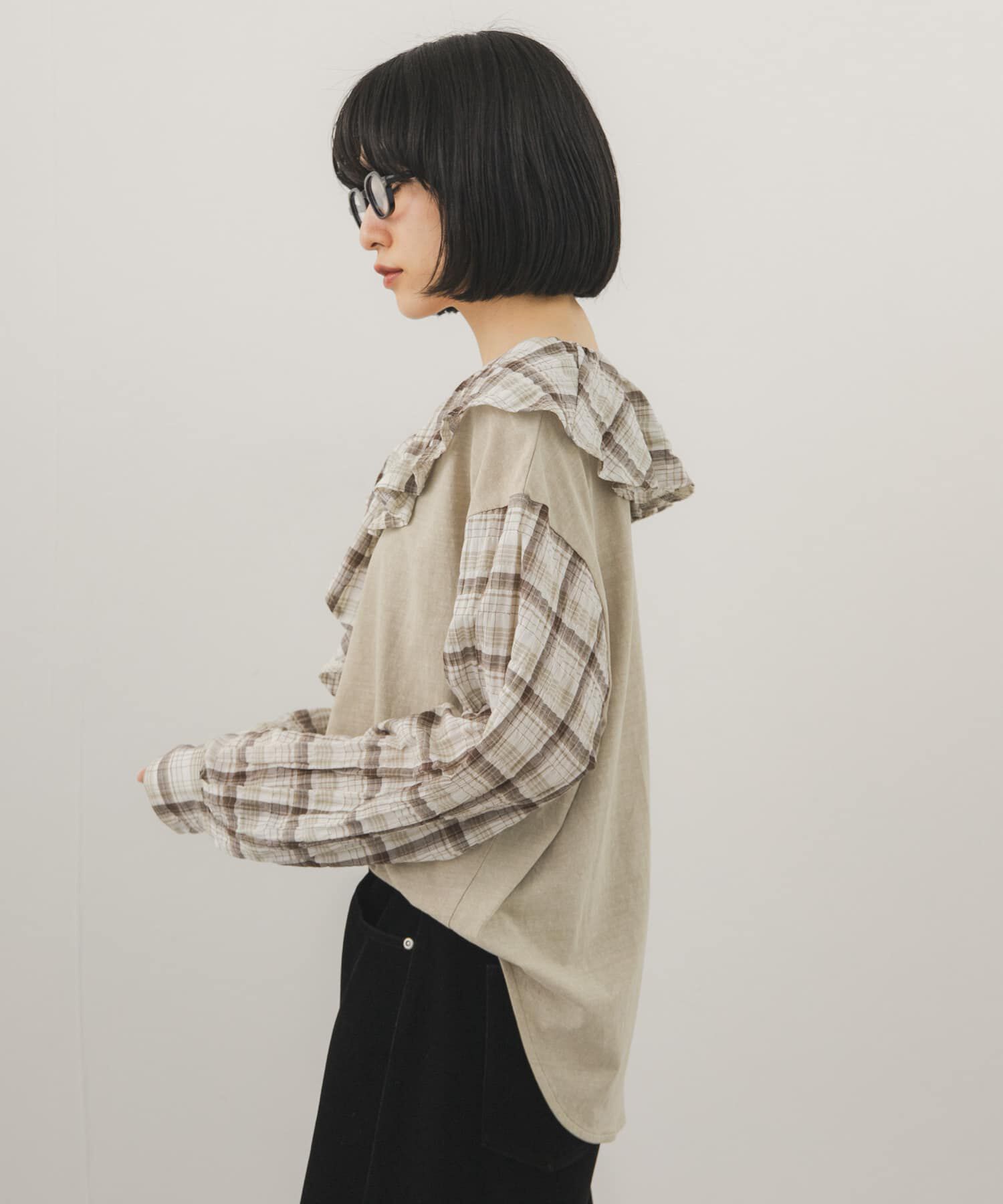  「チェックフリルドッキングトップス」|Tシャツ・カットソー|ベージュ