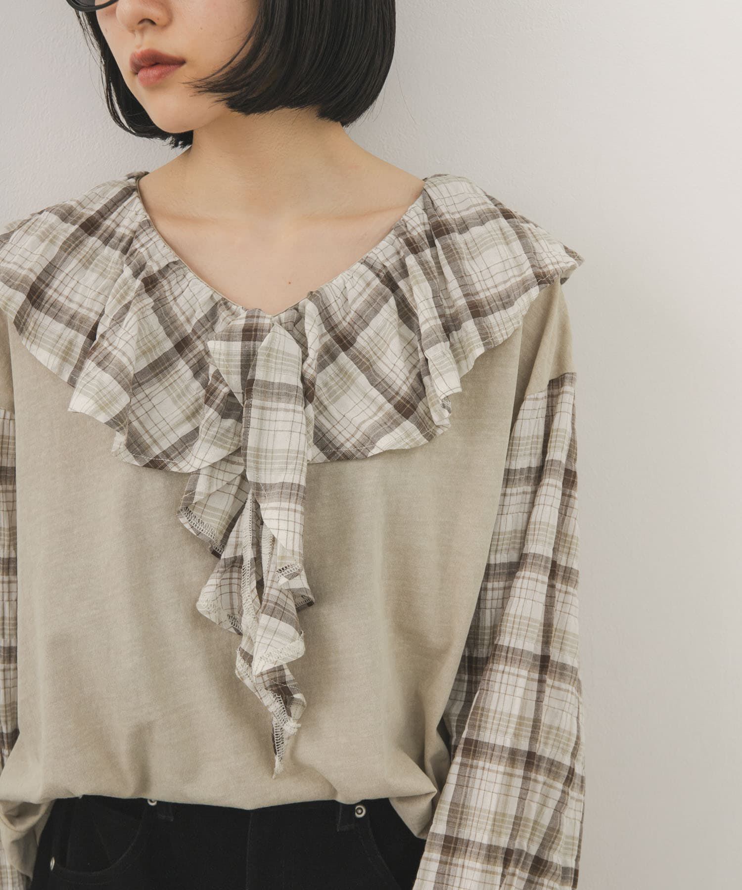  「チェックフリルドッキングトップス」|Tシャツ・カットソー|