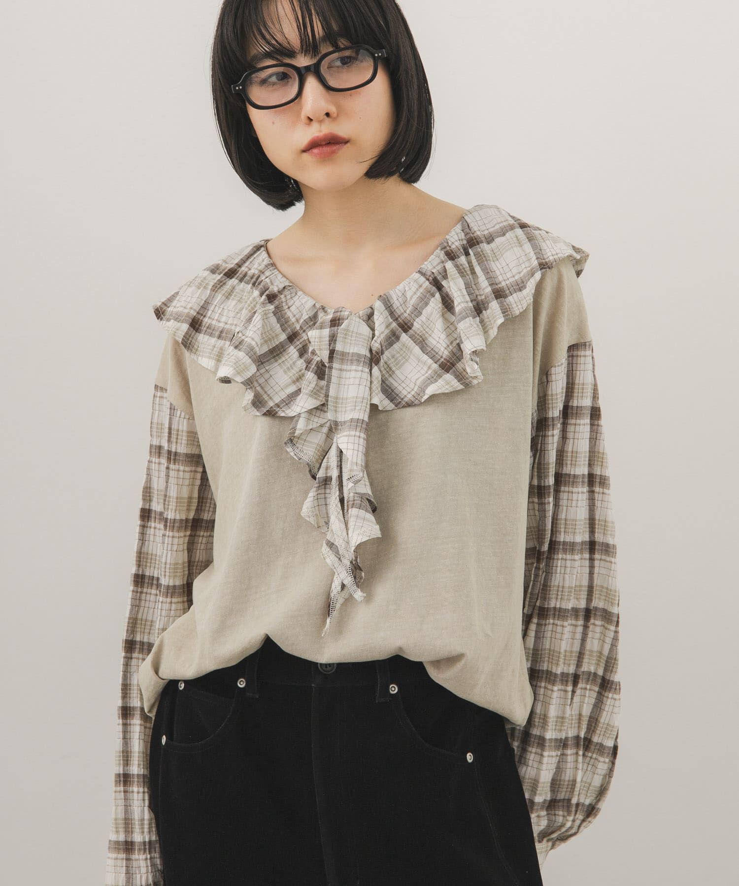  「チェックフリルドッキングトップス」|Tシャツ・カットソー|