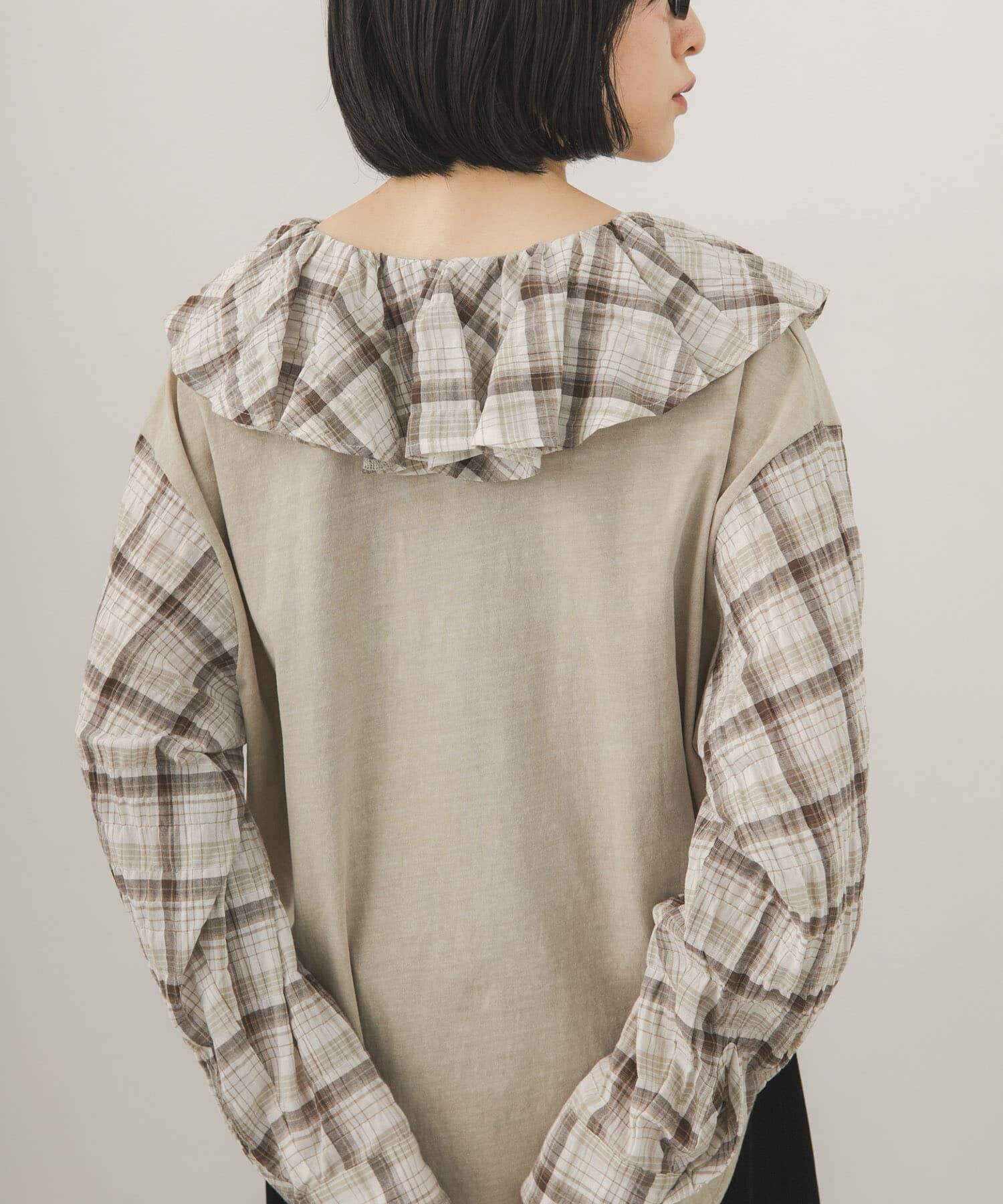  「チェックフリルドッキングトップス」|Tシャツ・カットソー|