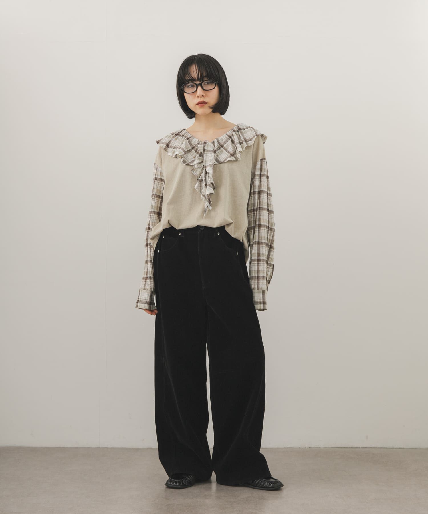  「チェックフリルドッキングトップス」|Tシャツ・カットソー|