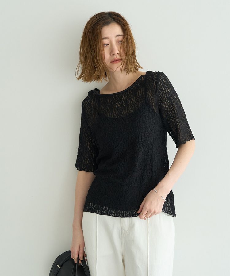 YECCA VECCA「5分袖レースシアートップス」|Tシャツ・カットソー|